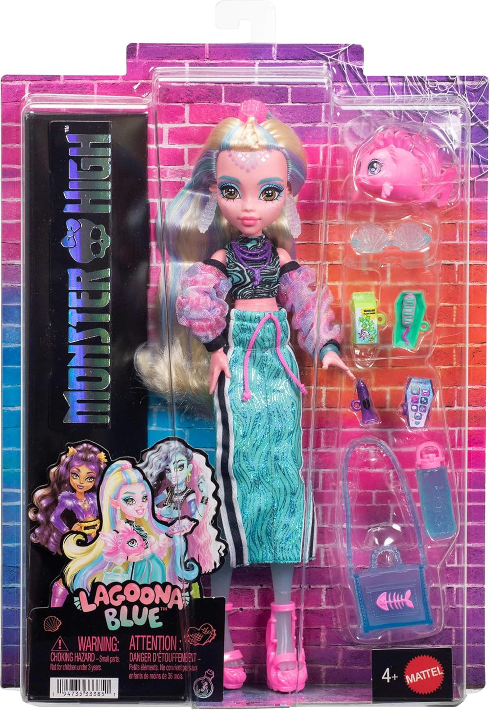 Păpușa Monster High Lagoona Blue în top scurt și fustă maxi sport cu peștele Neptuna și 7 accesorii, cum ar fi ochelari de soare cu scoici, gustare și geantă, JHK33