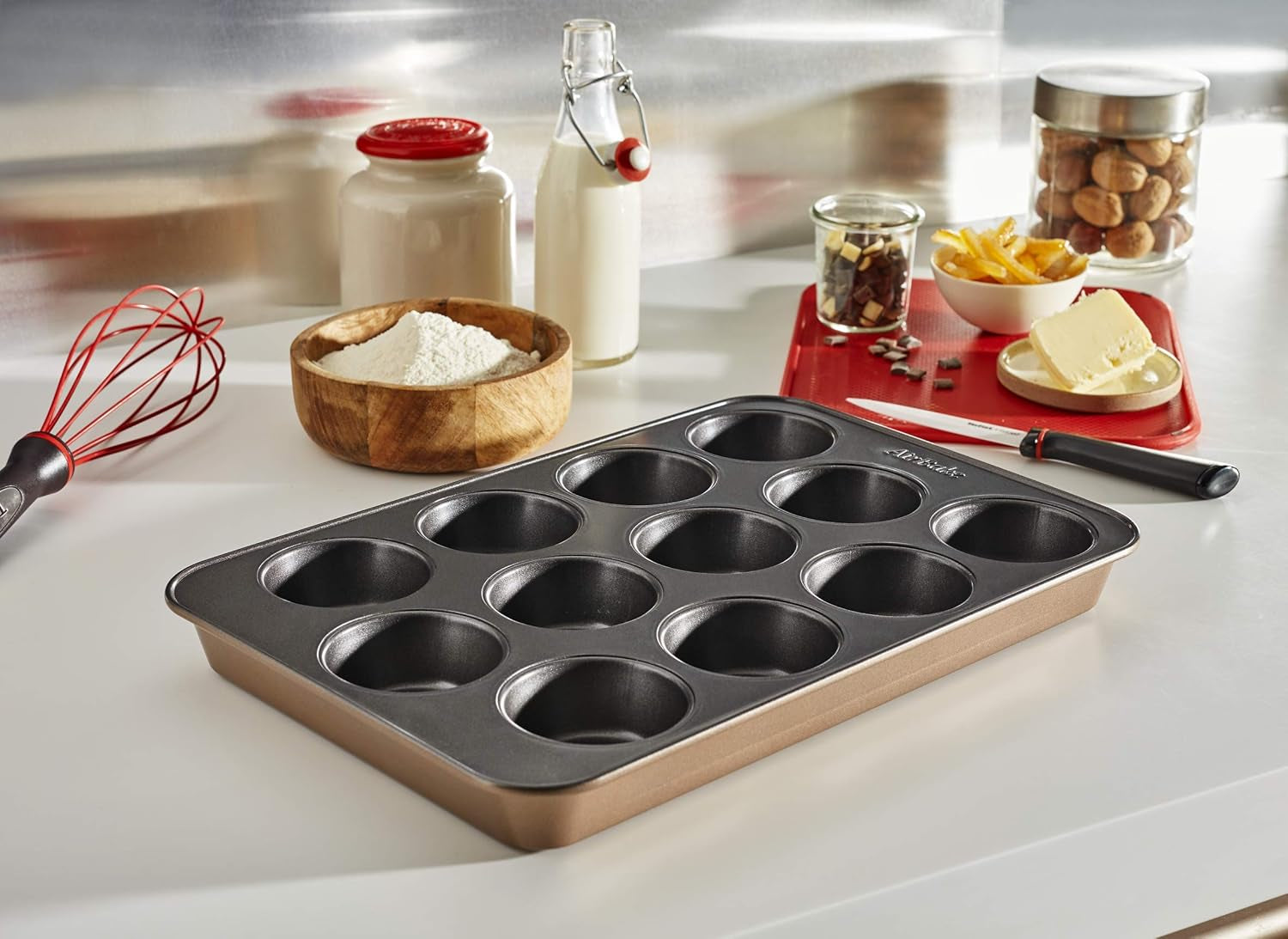 Tefal Airbake J2555014 Muffinform, Antihaftbeschichtung, Karbonstahl, Braun, 29 x 41 cm Formen und Bleche zum Backen Naty Shop