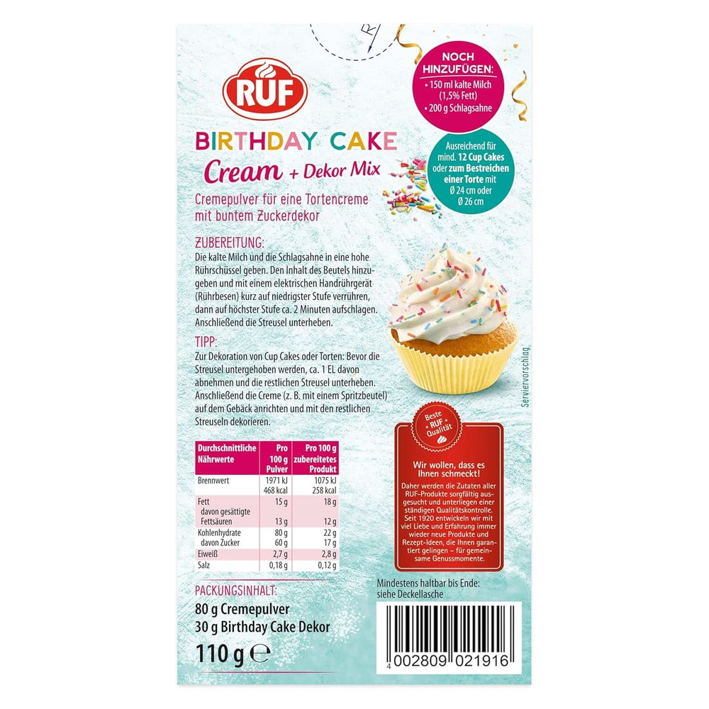 RUF Birthday Cake Cream, pudră de cremă cu aromă de vanilie și caramel și decor colorat, 110 grame Glazuri si Decor Naty Shop