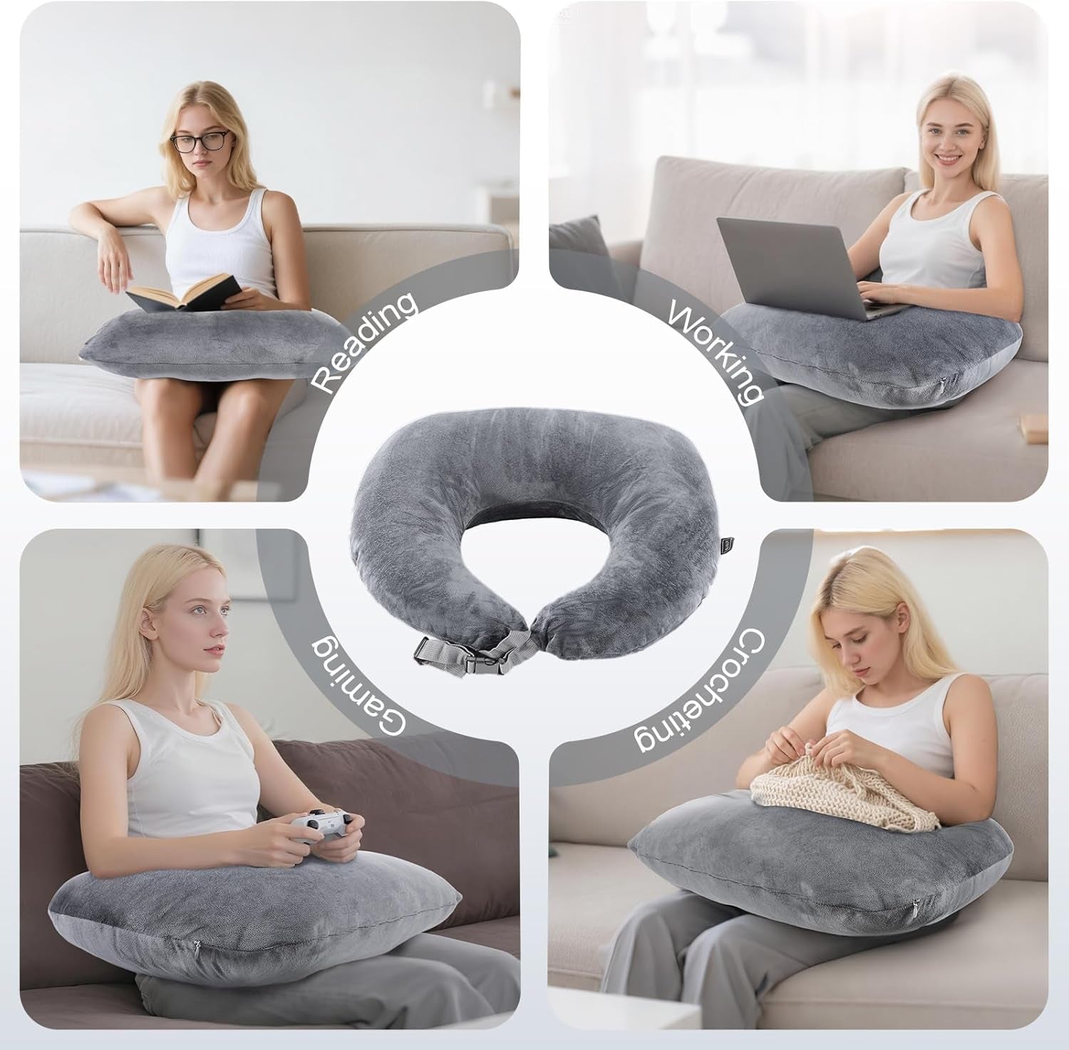 Pernă de gaming SLIGUY, pernă de citit, pernă de susținere a brațelor pentru pat și canapea, pernă pelviană în formă de U pentru adulți, gri închis