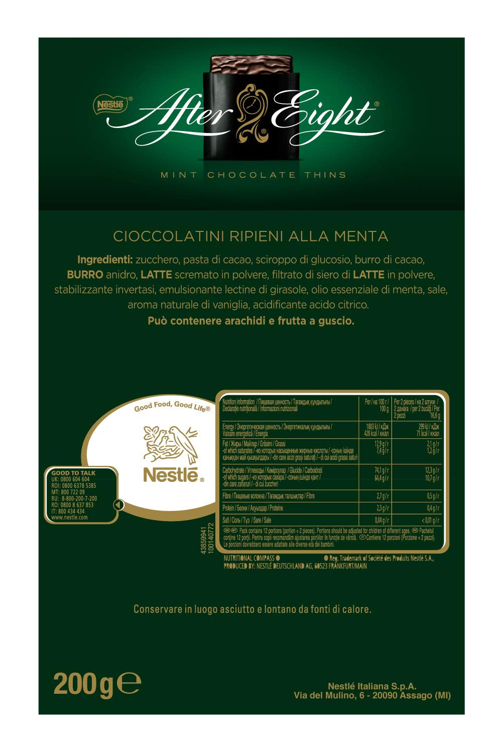 NESTLÉ AFTER EIGHT Dünne dunkle Schokoladenquadrate mit Minzcremefüllung für Genießer, 5er-Pack (1 x 200 g)