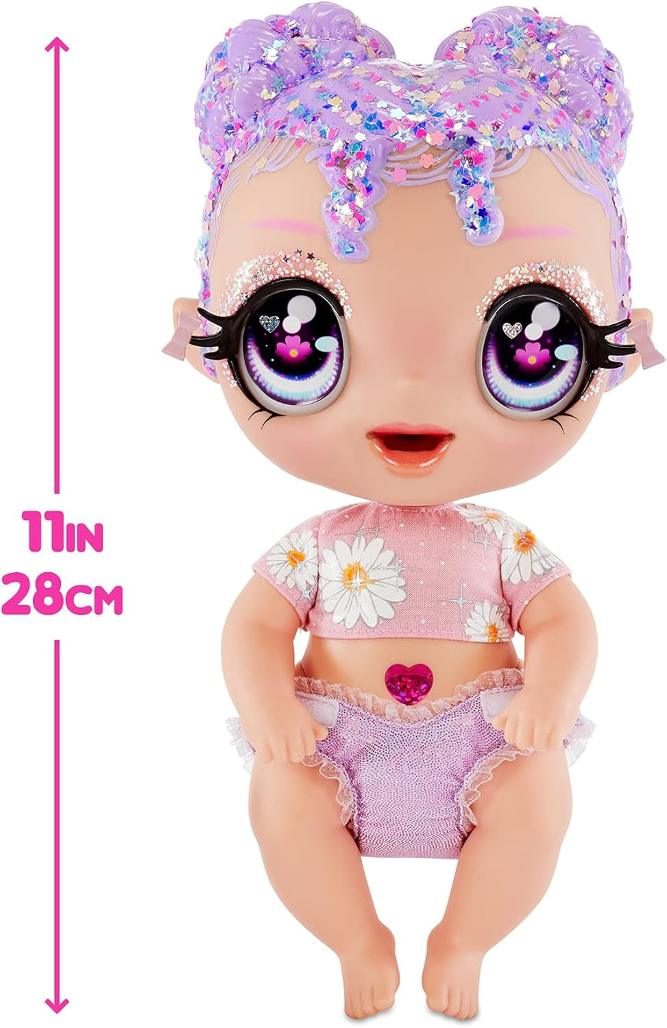 MGA Glitter Babyz – LILA WILDBLOOM – Babypuppe mit 3 magischen Farbwechseln durch eiskaltes Wasser – mit lila Glitzerhaaren, Wildblumen-Outfit, Windel, Flasche und Schnuller – für Kinder ab 3 Jahren