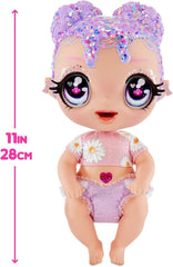 MGA Glitter Babyz – LILA WILDBLOOM – Babypuppe mit 3 magischen Farbwechseln durch eiskaltes Wasser – mit lila Glitzerhaaren, Wildblumen-Outfit, Windel, Flasche und Schnuller – für Kinder ab 3 Jahren