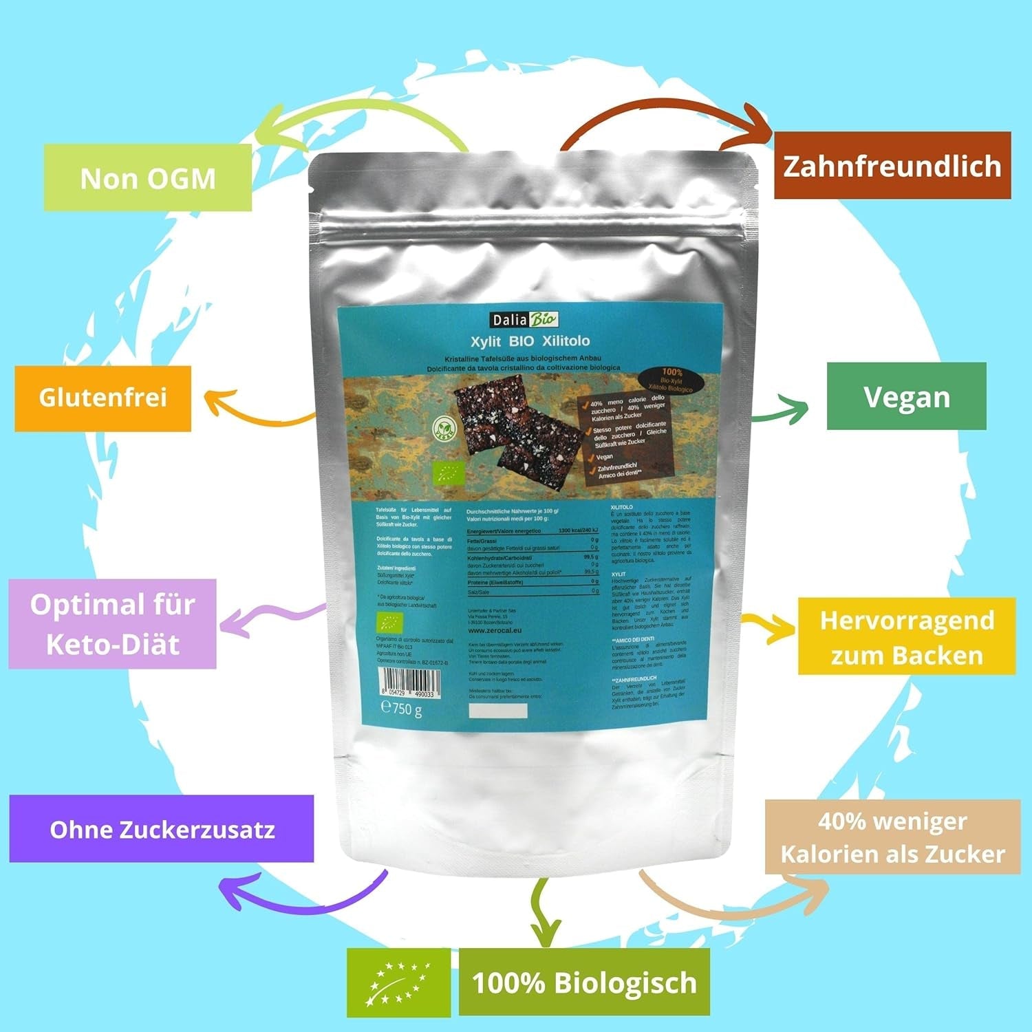 Bio Xylit Bio | Aus biologischer Landwirtschaft | 40 % weniger Kalorien Zahnfreundlich | Ideal Zum Kochen Und Backen, 750 G Süßstoffe Naty Shop