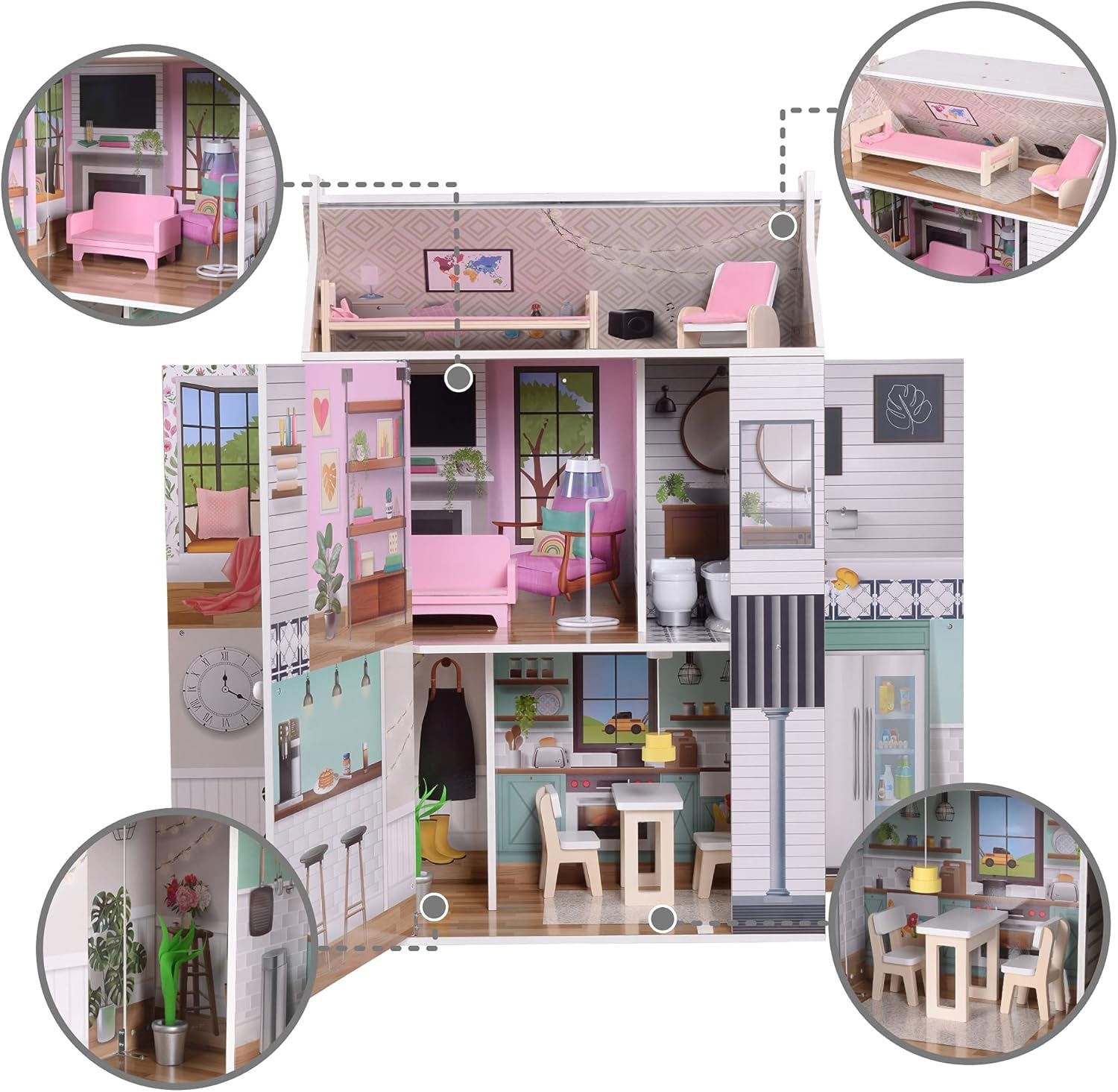 Olivia'S Little World Dreamland Farmhouse Kids Interaktives Puppenhaus aus Holz 3 Etagen mit 13 Puppenmöbelzubehör Weiß TD-13632A Puppenhäuser Naty Shop