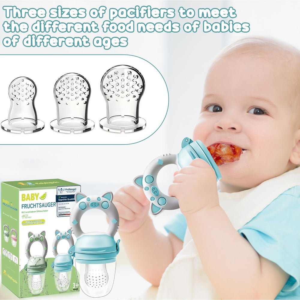 Hrănitoare cu fructe pentru bebeluși, pachet de 2 suzete cu fructe pentru bebeluși de la 3 luni în sus, versiune îmbunătățită 2023, suzete umplubile, suzete din terci, suzete cu fructe pentru bebeluși, fără BPA, 8 tetine din silicon în 3 dimensiuni