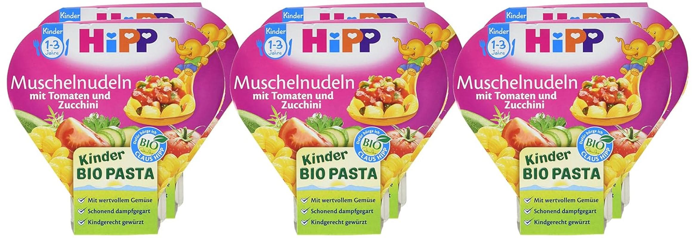 Hipp Muschelnudeln mit Tomaten und Bio-Zucchini, 6er Pack (6 x 250 g) Mutter und Kind Naty Shop
