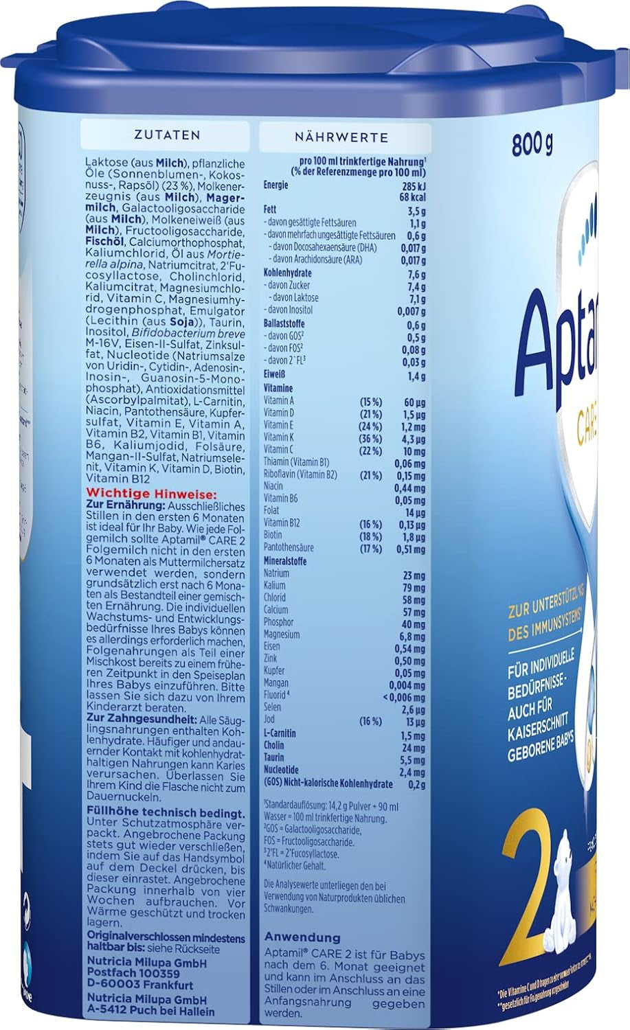 Aptamil Care 2 – Folgemilch nach 6 Monaten, mit Omega 3 und 6, DHA und ARA, palmölfrei, Babynahrung, Milchpulver, 1 x 800 g (3er Pack)