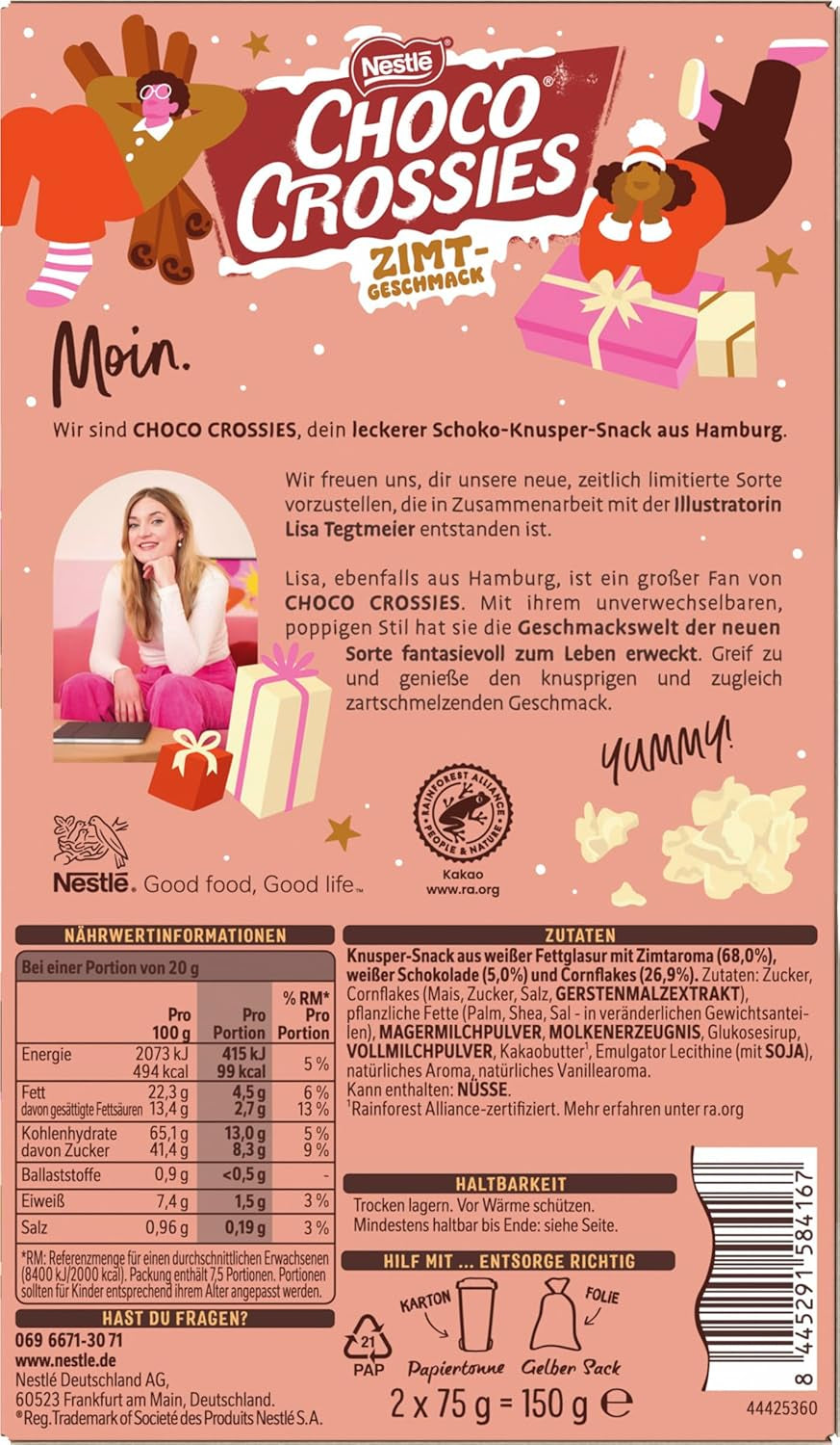 Leichte knusprige Zimtflocken und knusprige Mandeln von Nestlé, umhüllt von einer zartschmelzenden weißen Glasur mit Zimtgeschmack, 1 Packung (2 x 75 g)