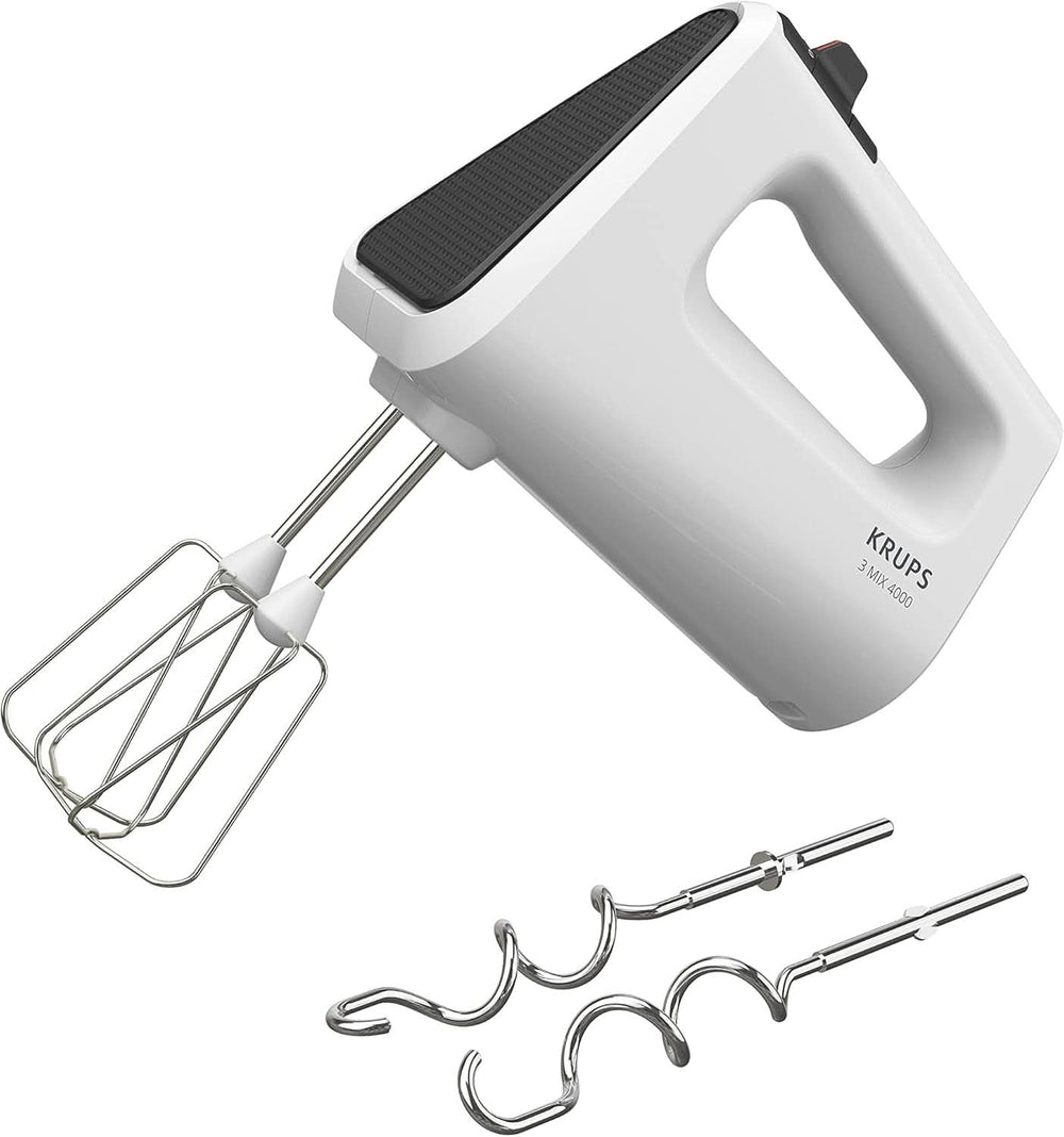 Krups GN4001 3 Mix 4000 Handmixer | 450 Watt | Robustes Design | Variabler Geschwindigkeitsregler | Turbo- und Auswurf-Funktion | inkl. 2 Rührbesen und 2 Knethaken | Weiß/Grau Kitchen Naty Shop