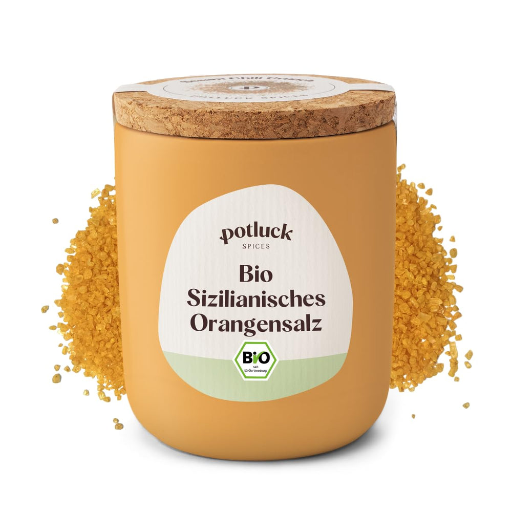 Potluck | Bio Sizilianisches Zitronensalz | Gewürzsalz für Fisch, Meeresfrüchte, Gemüse, Salat und Dressings | 140g im Keramiktopf