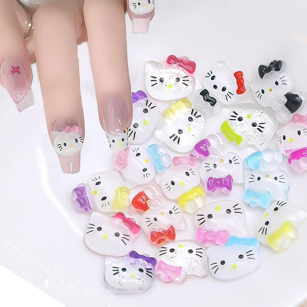 Talisoane 3D pentru unghii cu pisici, sclipici pentru unghii, paiete, talisoane pentru unghii din rășină, pietre prețioase pentru unghii, diamante pentru nail art, inclusiv stick de ceară pentru unghii cu strasuri (pisică colorată)