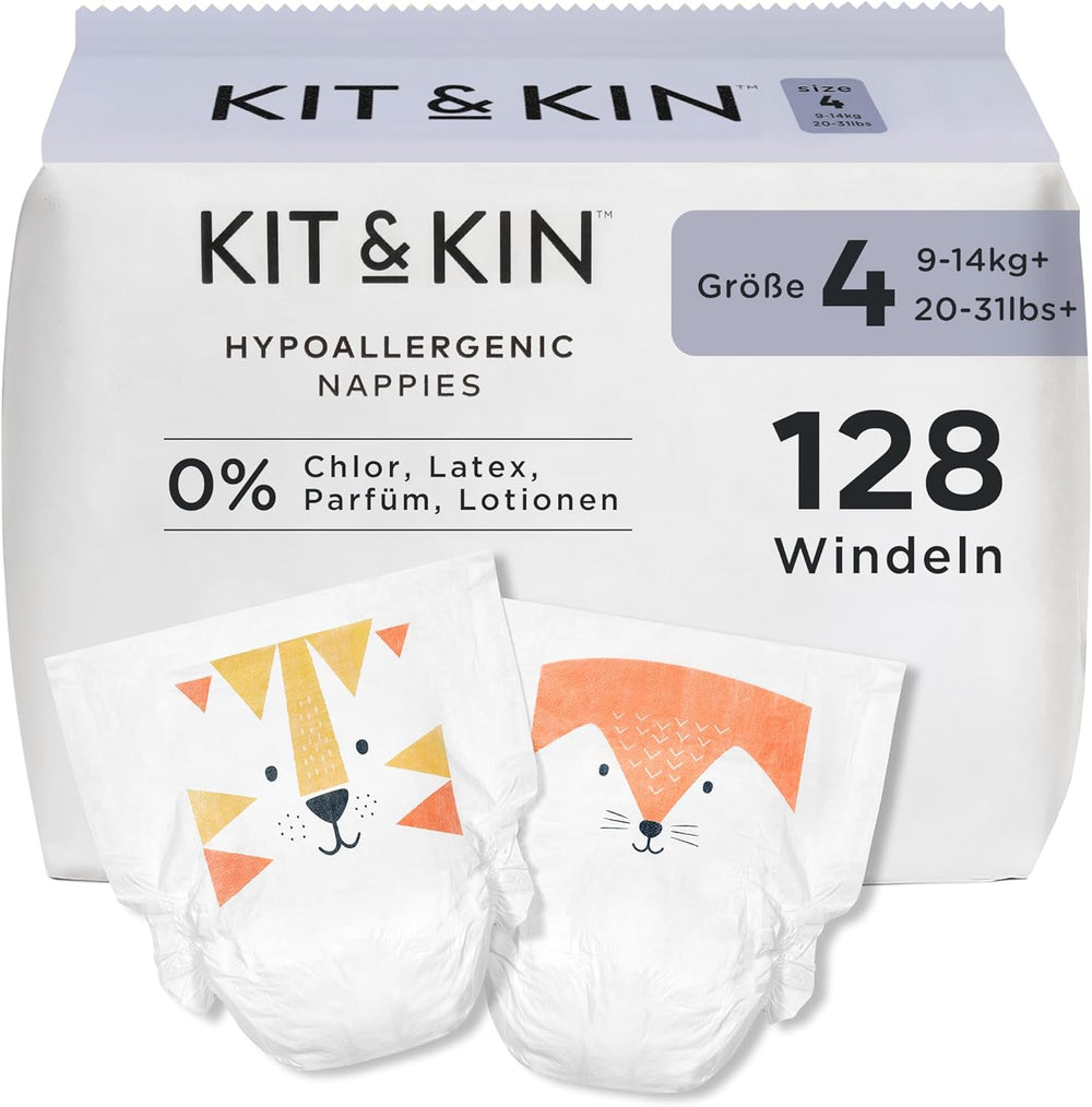 Kit & Kin Premium-Windeln, Größe 4 (9–14 kg), 128 Stück, pflanzlich und hypoallergen, zuverlässiger Auslaufschutz, vegan und frei von Tierversuchen