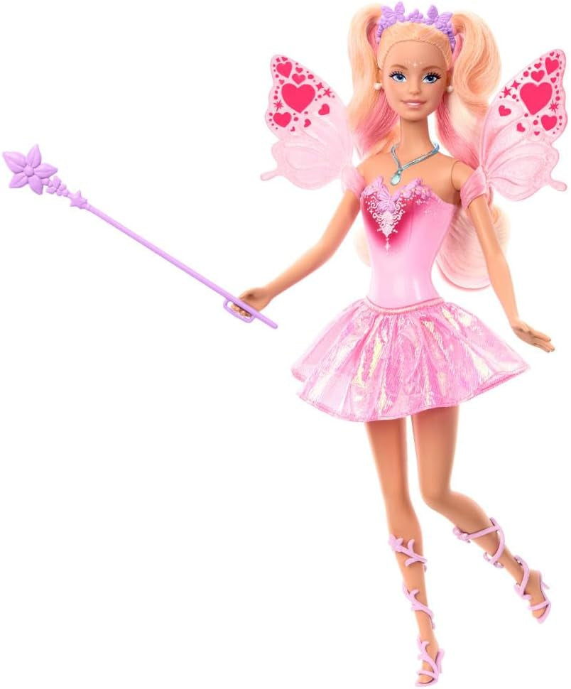Păpușă Barbie Mattel cu baghetă magică și accesorii de modă, temă fantezie cu aripi și ținută care își schimbă culoarea, JCP76, [multicoloră]