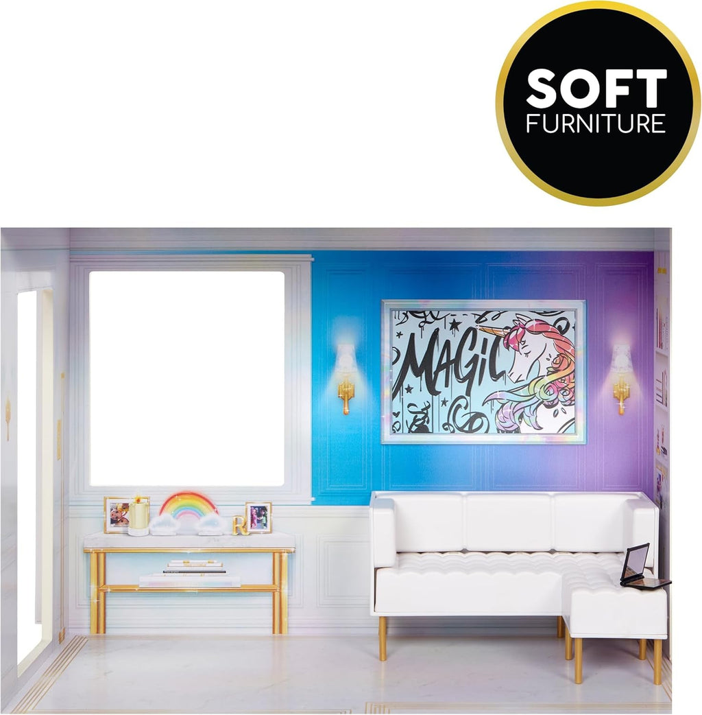 Rainbow High Townhouse - Casă de păpuși din lemn cu 3 etaje cu 5 camere colorate și terasă - Casă complet mobilată cu lift și accesorii funcționale - Jucărie pentru copii de la 4 la 12+ ani Casute de papusi Naty Shop