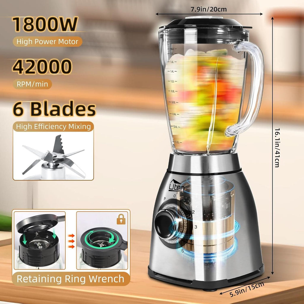 Uten Standmixer 2L, 1800 W Mixer Hochleistungsmixer, Pulse Und 5 Geschwindigkeiten, Edelstahlgehäuse, 6 Klingen, Macht Milchshake-Smoothies, Mahlbare Kaffeebohnen Mama si Copilul Naty Shop