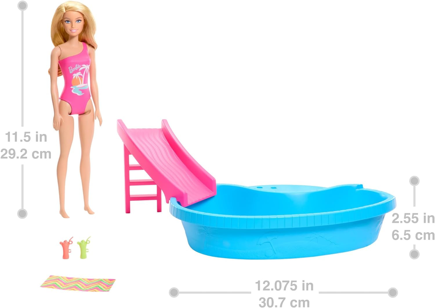 Barbie-Puppe und Zubehör – Pool mit Rutsche und Zubehör für stundenlangen Spaß in der Sonne, rosa Badeanzug mit tropischem Design, für Kinder ab 3 Jahren, HRJ74 Naty Shop Dollhouses