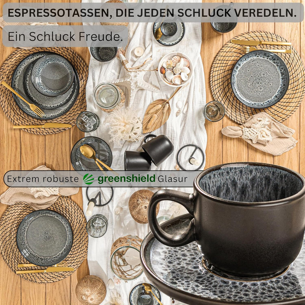 SÄNGER Sydney | Set de 12 căni de espresso din gresie, set de căni Mocha pentru 6 persoane, căni și farfurioare, potrivit pentru mașina de spălat vase și cuptorul cu microunde, gri închis, 80 ml | COLECȚIA VALUE
