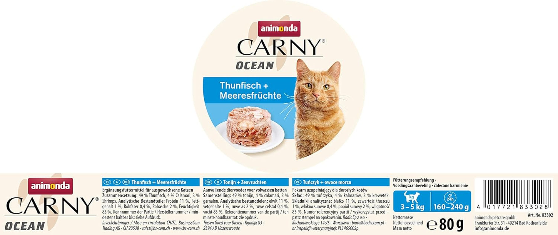 animonda Carny Ocean Thunfisch + Meeresfrüchte (12 x 80g), Katzenfutter nass für ausgewachsene Katzen, mit zartem Fischfilet, ohne Getreide ohne Zucker