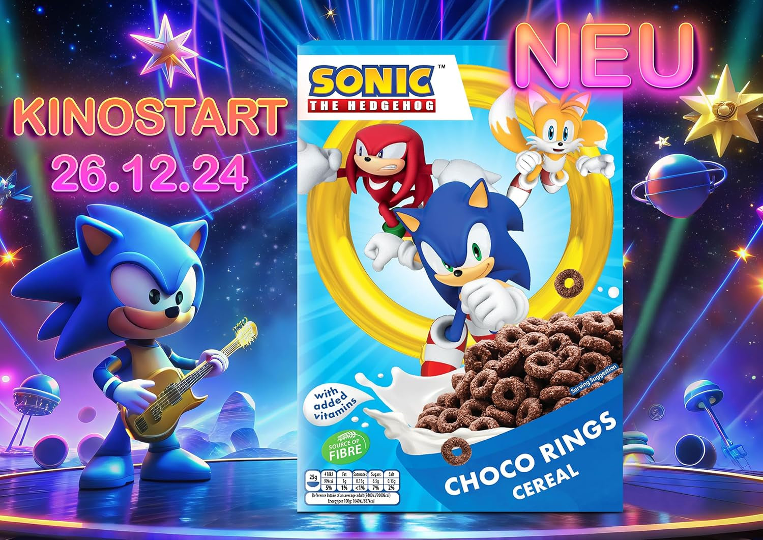 Sonic Choco Rings Müsli-, Weizen-, Hafer- und Mais-Schokoladenringe für das perfekte Frühstück, mit zusätzlichen Vitaminen, 1 Packung (1 x 350 g)