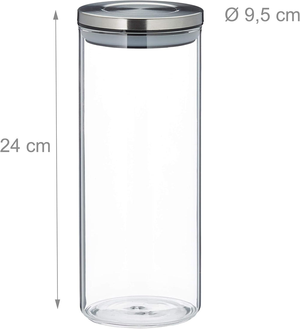 Jar de depozitare Relaxdays set de 3, etanș, capac din oțel inoxidabil, pentru paste, muesli și orez, recipient de bucătărie de 1,5 litri, transparent argintiu, 24 x 9,5 x 9,5 cm, transparent argintiu Cutii depozitare alimente Naty Shop