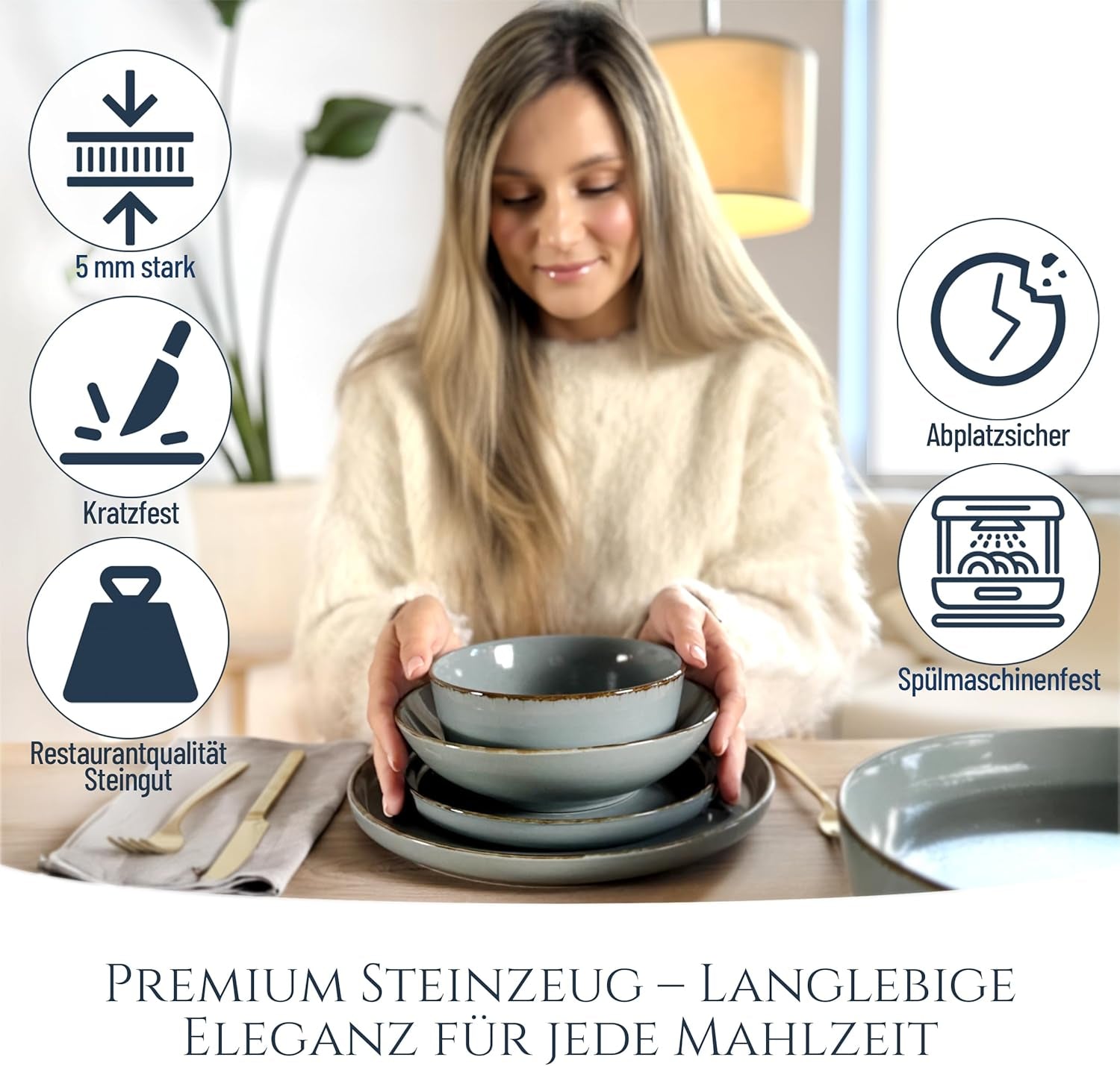 Steingut Geschirrset 6 Personen Rustic 24 tlg. TESTSIEGER, Hochwertiges Landhaussttil Steingut Geschirr Set, Schüssel- und Teller Set, Tafelservice 6 Personen, Geschirrsets Pure Living in Rauchblau