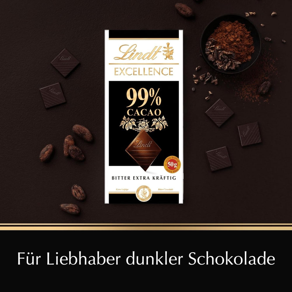 Lindt EXCELLENCE 99% Kakao - Edelbitter-Schokolade | 50 G Tafel | Extra kräftige Bitterschokolade | Verstärker Kakao-Geschmack | Dunkle Schokolade | Vegane Schokolade | Schokoladengeschenk Naty Shop