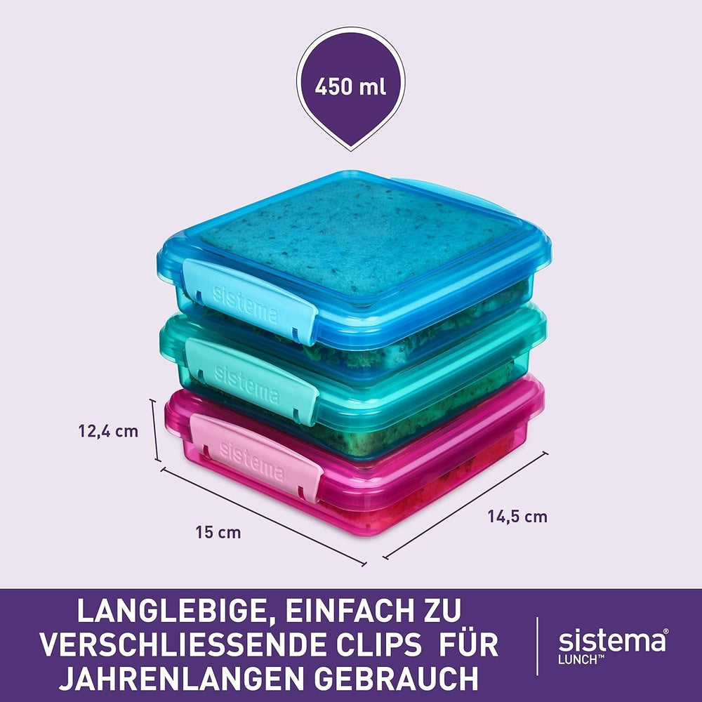 Sistema lunch box sandwich box | 450 ml | cutie de prânz stivuibilă și etanșă cu capac | pentru copii și adulți | fără BPA | culori mixte | 3 bucăți Cutii depozitare alimente Naty Shop