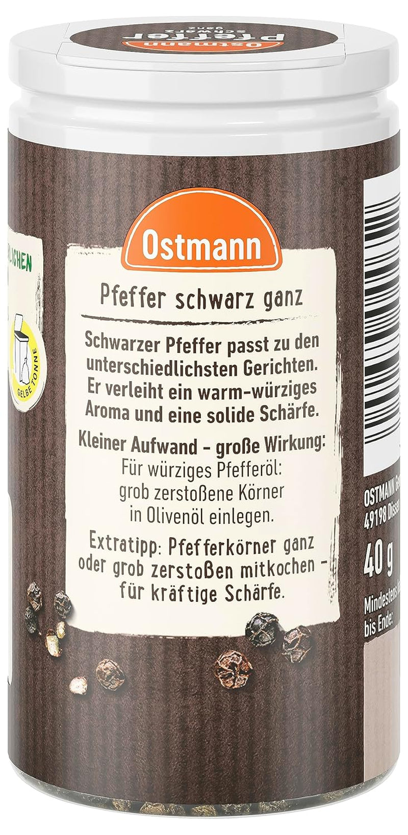 Ostmann Gewürze - Pfeffer schwarz ganz | 40 g in der Streudose