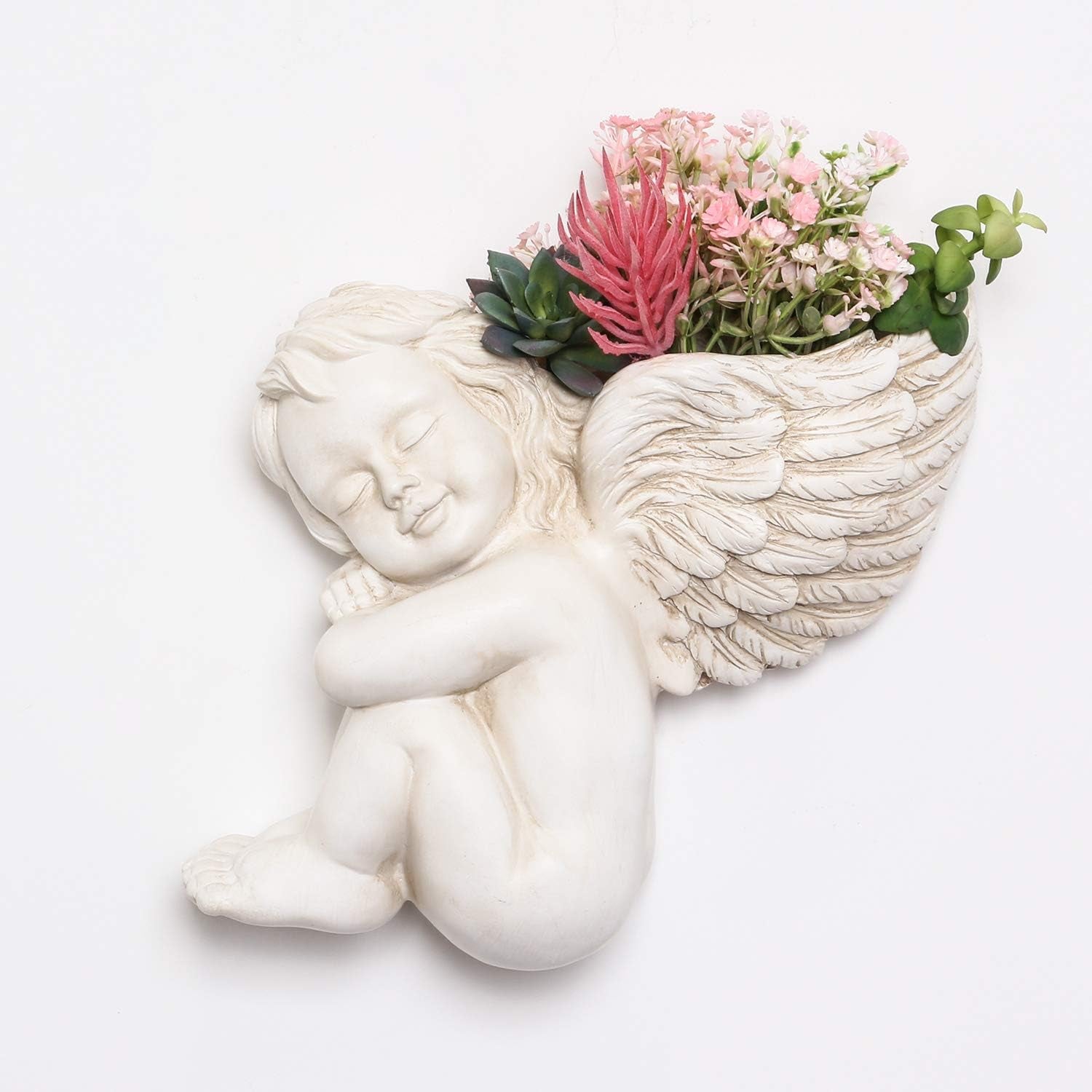 Ghiveci de plante montat pe perete și pe suprafață plană, înălțime 20 cm, cap de înger, suport de perete, suport pentru flori, vază, ghivece din rășină cu față de păpușă, recipient pentru plante de masă, ghiveci