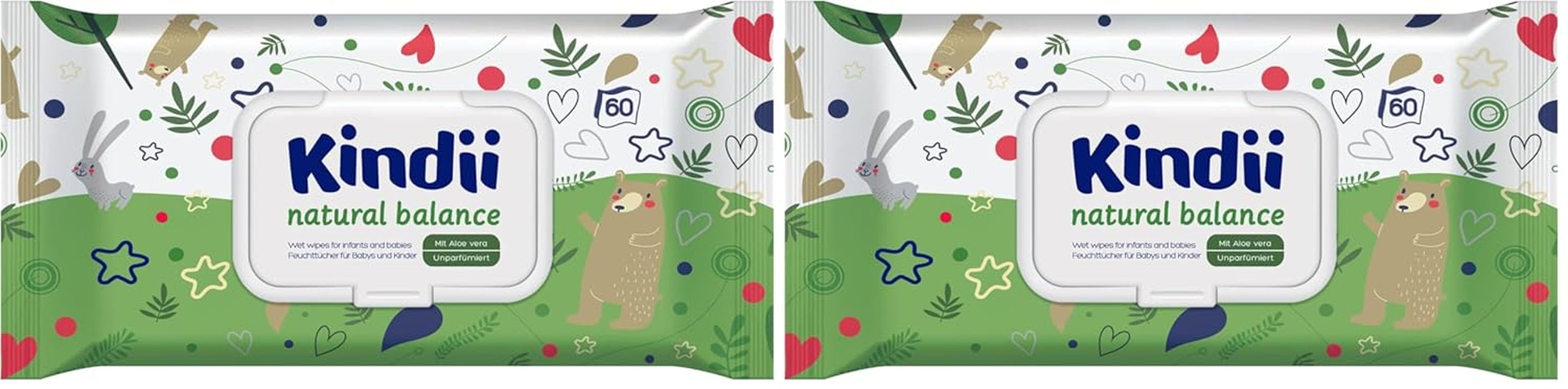 Kindii Natural Balance Feuchttücher für Babys – (1 x 60 Stk.) Feuchttücher für Babys und Kinder – Schützend, Aloe Vera, zarter Duft – 60 Stk.
