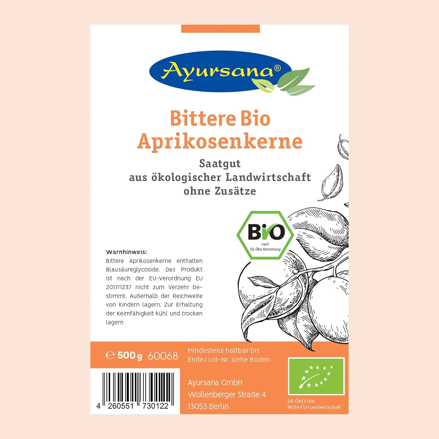 Ayursana Bittere Aprikosenkerne 500G - Saatgut - Sehr Hoher Amygdalin-Anteil - Schadstoffgeprüft Im Deutschen Labor - Bio-Qualität