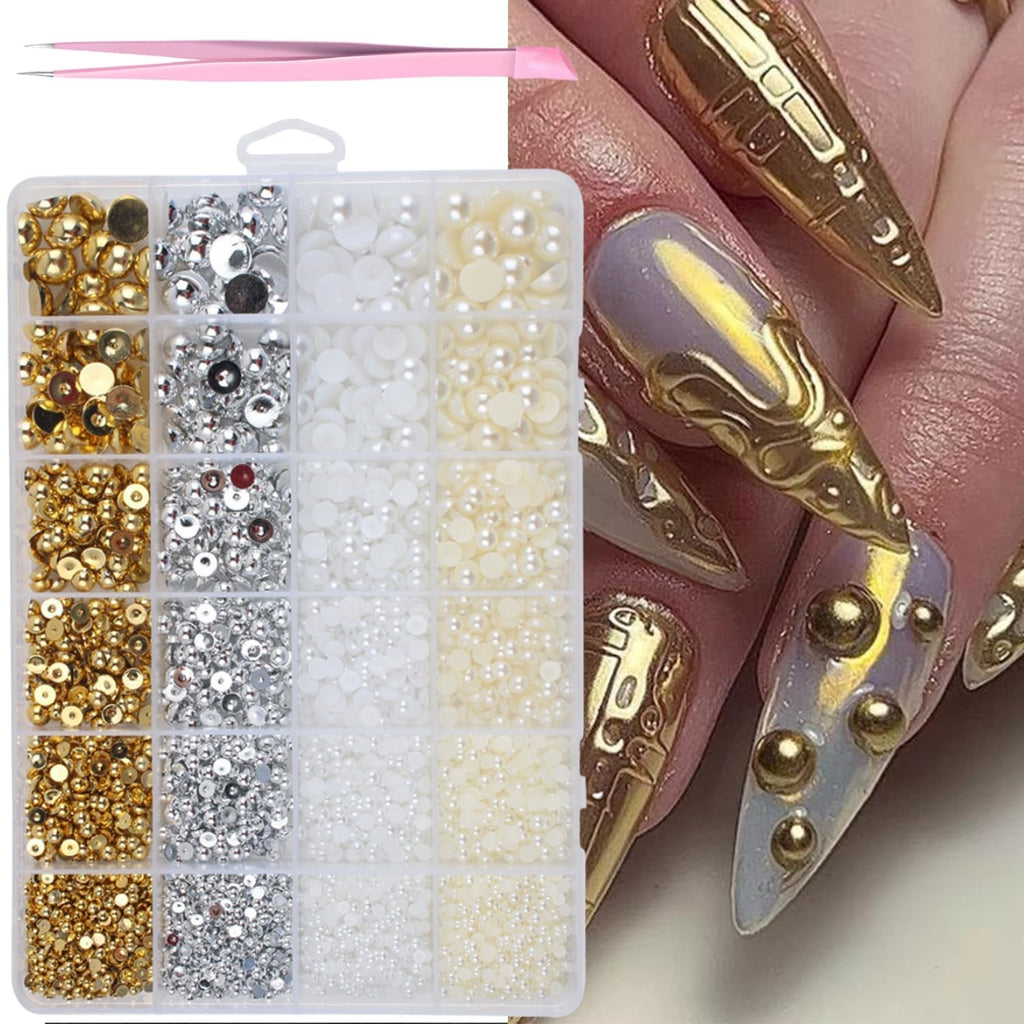 GZMAYUEN 920Pcs Gold Silber Flatback Perlen Für Nägel, Halbrunde Weiße Beige Nail Perlen, Kleine Halbrunde Flatback Perlen Für DIY Nail Art Decor