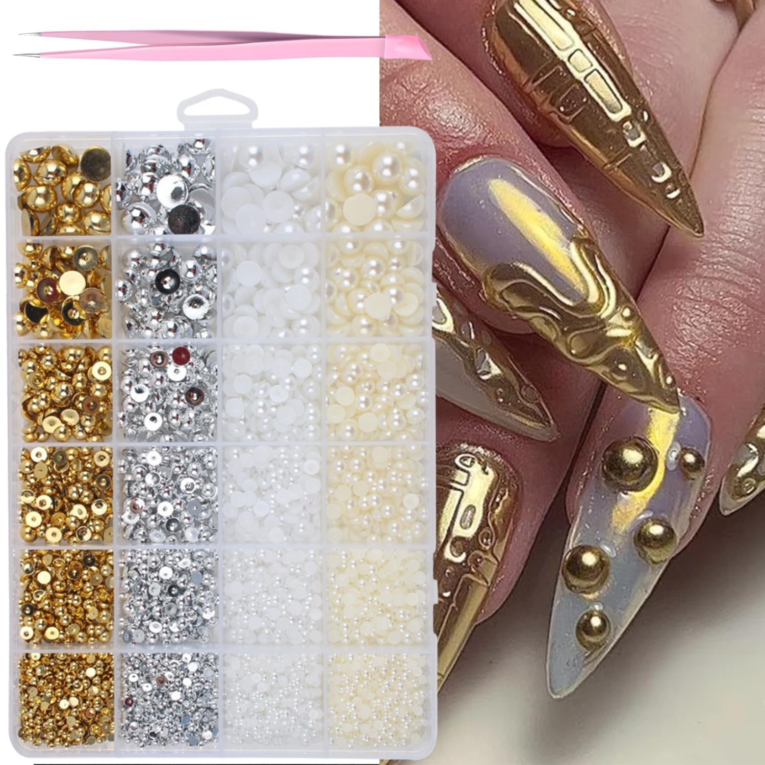 GZMAYUEN 920Pcs Gold Silber Flatback Perlen Für Nägel, Halbrunde Weiße Beige Nail Perlen, Kleine Halbrunde Flatback Perlen Für DIY Nail Art Decor