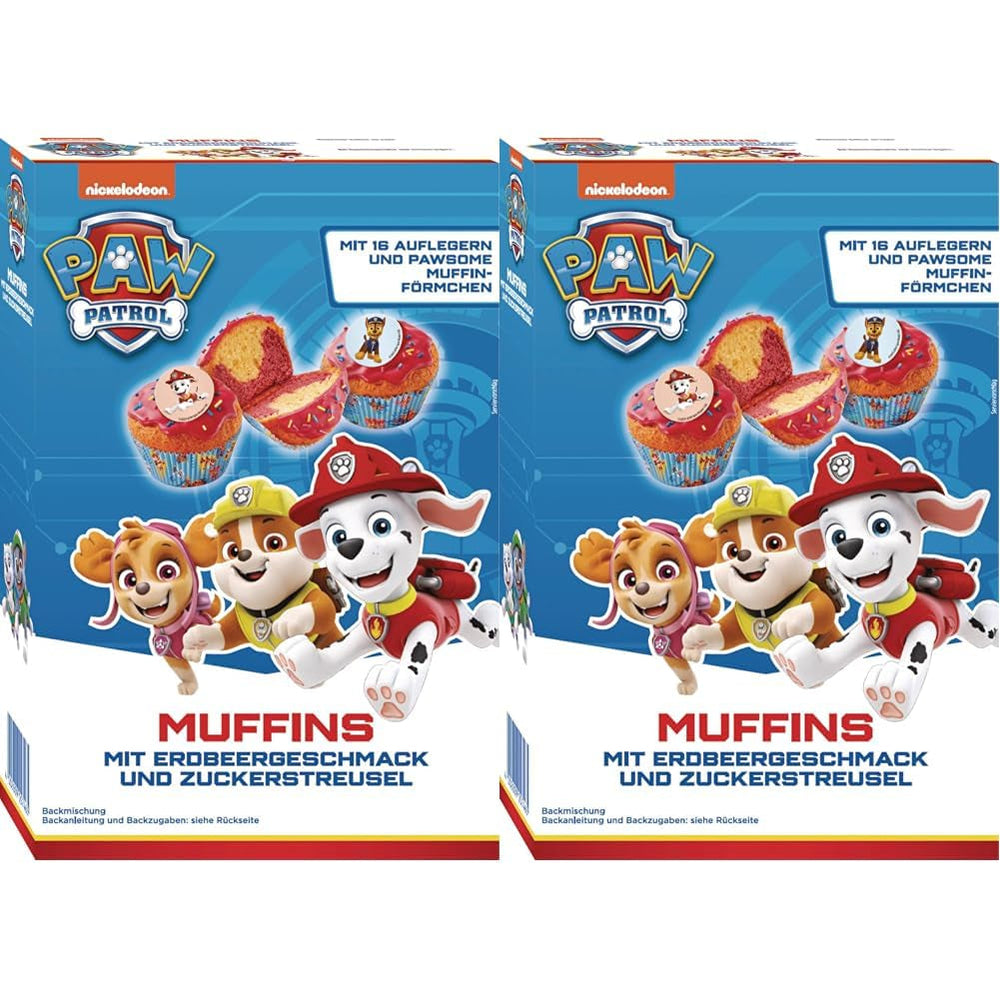RUF X PAW Patrol Muffin Backmischung Mit Erdbeer-Geschmack, Für 12 Paw Patrol Muffins, Inkl.16 Oblaten-Auflegern Und Pawsome Muffin-Förmchen, 1