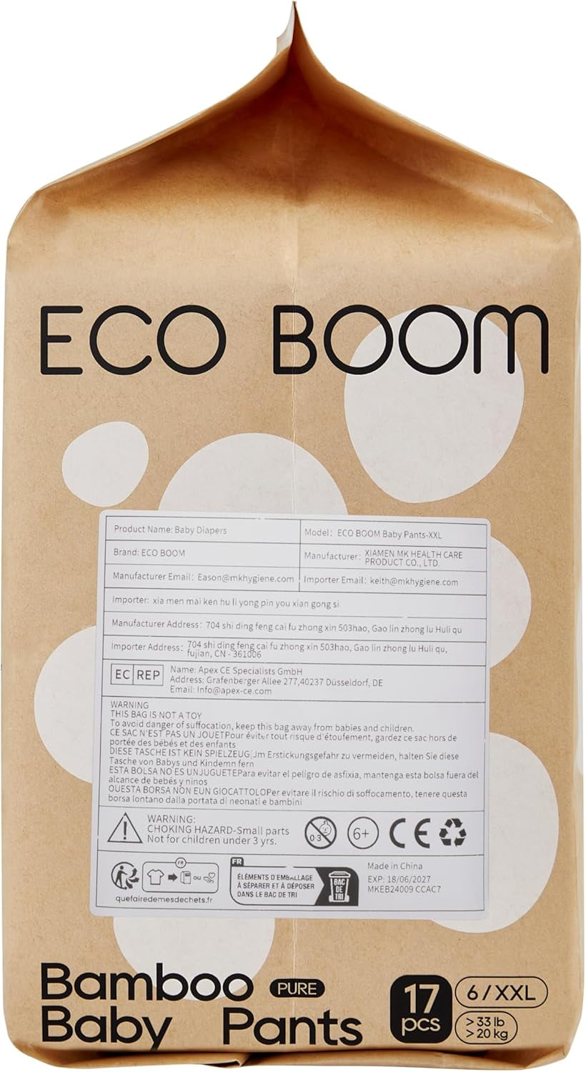 ECO BOOM Babywindeln aus Bambus – Größe 6 (20 kg), Pull-Up-Windeln auf pflanzlicher Basis (17 Stück) – Premium-Bio, parfümfrei, hautfreundlich, super saugfähig