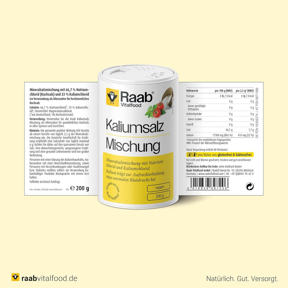Raab Vitalfood Kalium salt-Mischung, Mineralsalzmischung mit 66,7 % Natriumchlorid (Kochsalz) und 33 % Kaliumchlorid, Kalium trägt zur A Stärkung eines normalen Blutdrucks bei (1 x 200 g Dose)