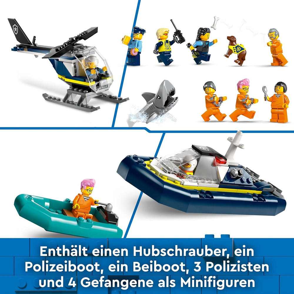 LEGO City Polizeistation auf der Gefängnisinsel, Polizeispielzeug mit Hubschrauber, Stiefel und Hai, Set mit 7 Minifiguren und Hund, Geburtstagsgeschenk für Jungen und Mädchen ab 7 Jahren 60419
