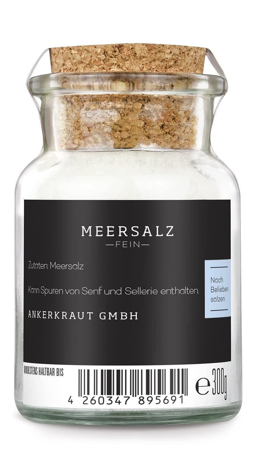 Ankerkraut Meersalz fein, reines Salz zum Kochen und Würzen, 170g im Korkenglas