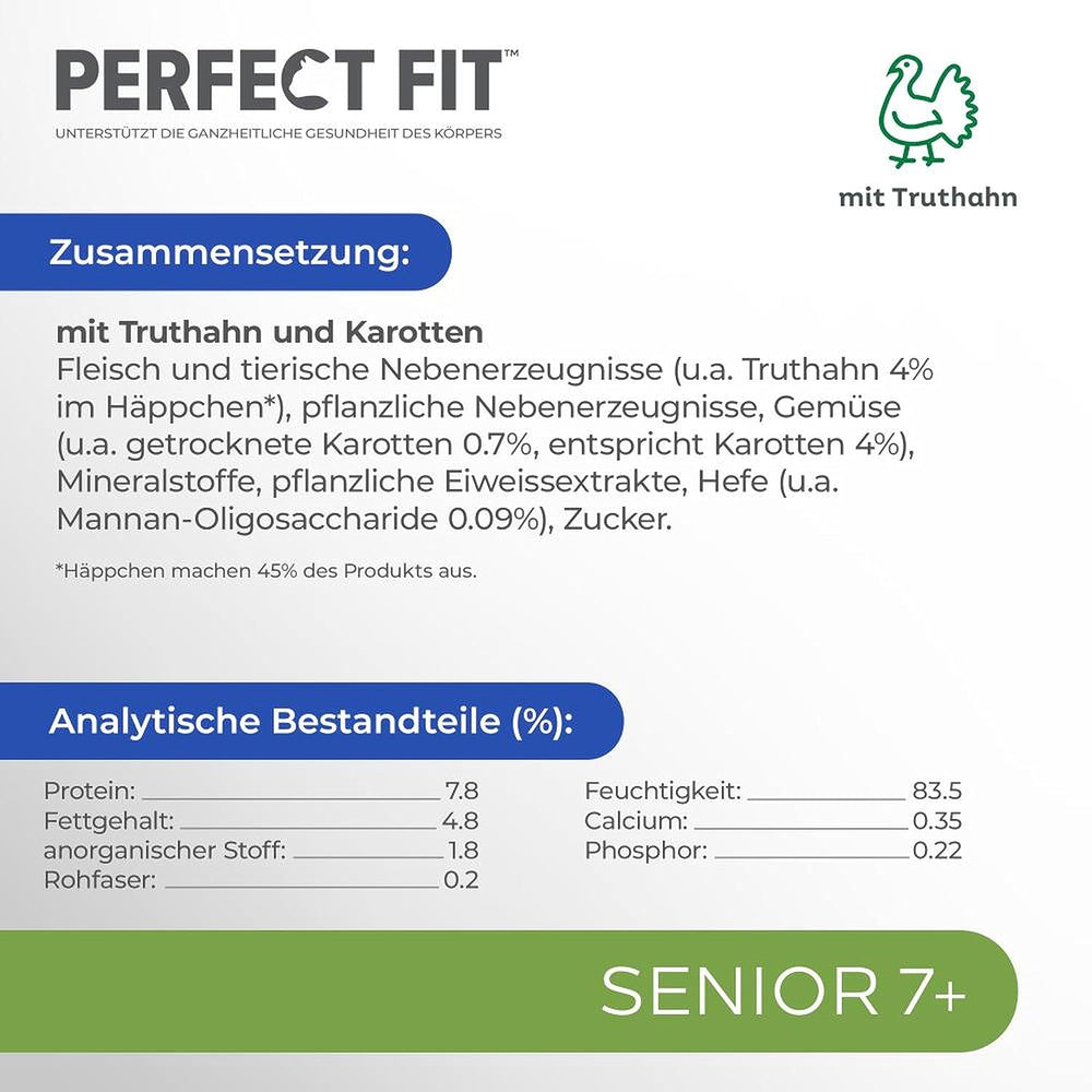 Pliculețe cu porții pentru pisici PERFECT FIT™ Senior cu curcan și morcovi, 12 x 85 g
