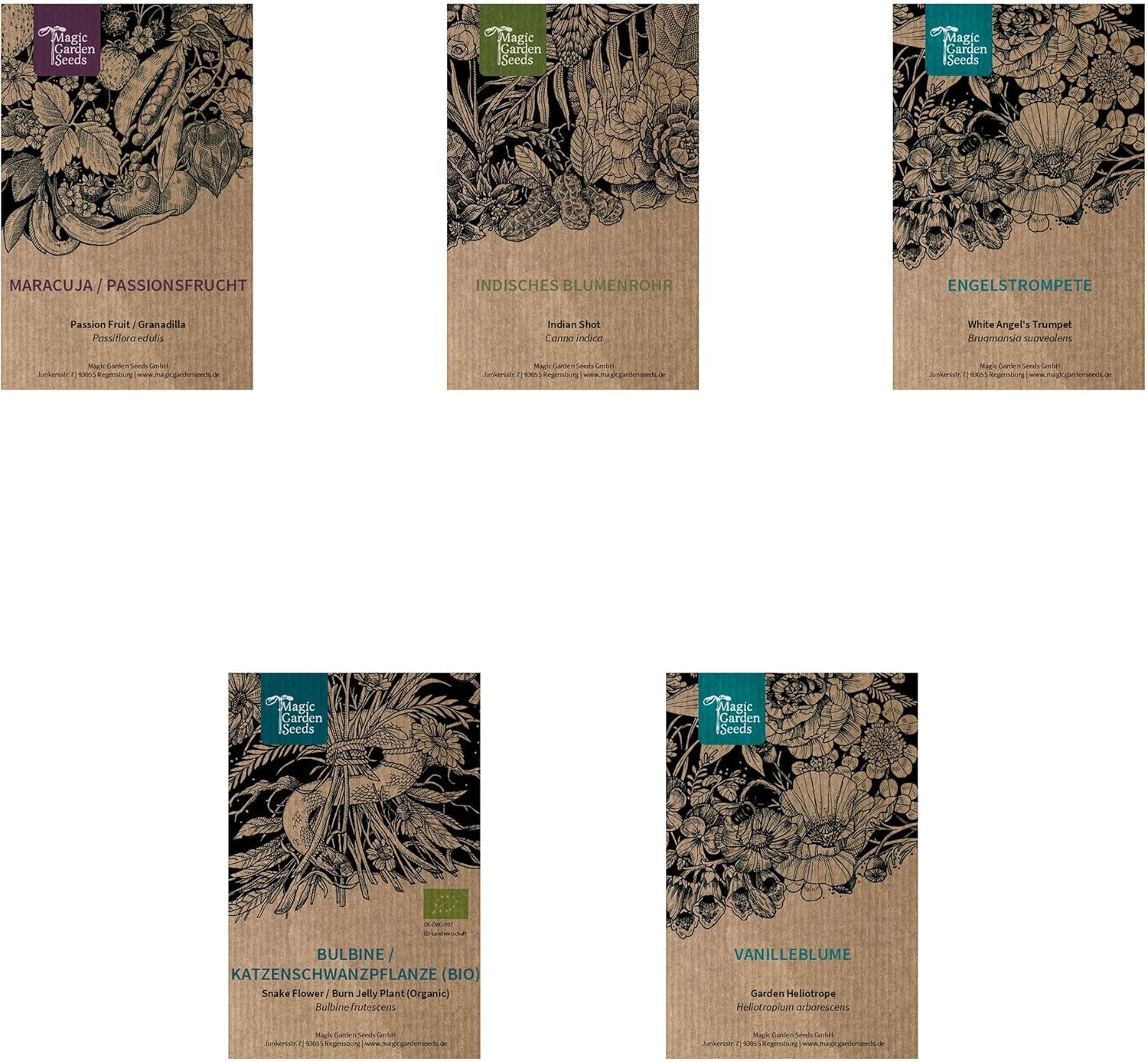 Exotische Schönheiten für Wintergarten und Terrasse - Samen-Geschenkset mit 5 frostempfindlichen Blühpflanzen aus aller Welt