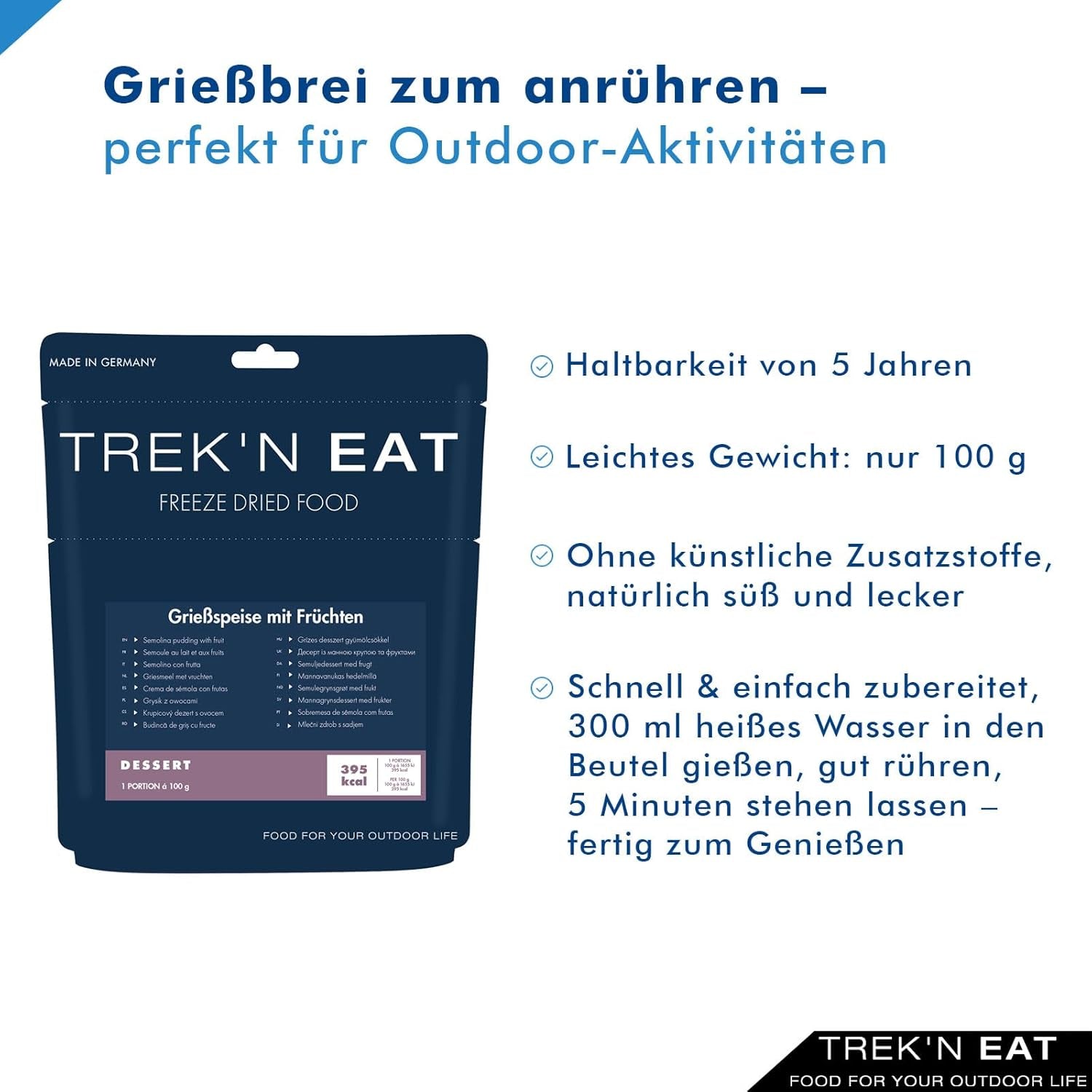 Trek'n Eat Fruity Semolina Pudding – Cremiges, fruchtiges Grießdessert für Outdoor-Aktivitäten, Wandern und Notfallbedarf | Fertiger Grießpudding mit Wasser, lange haltbar, ohne Zusatzstoffe