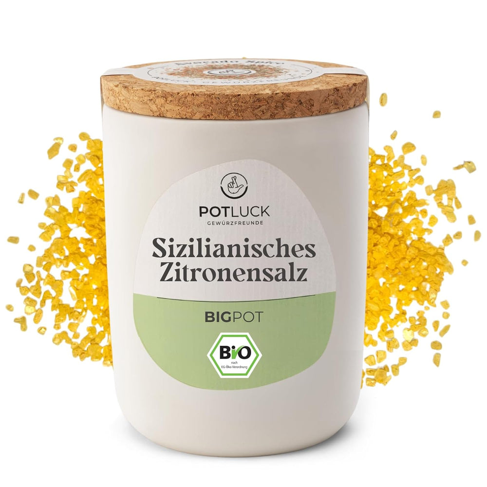 Potluck | Bio Sizilianisches Zitronensalz | Gewürzsalz für Fisch, Meeresfrüchte, Gemüse, Salat und Dressings | 140g im Keramiktopf