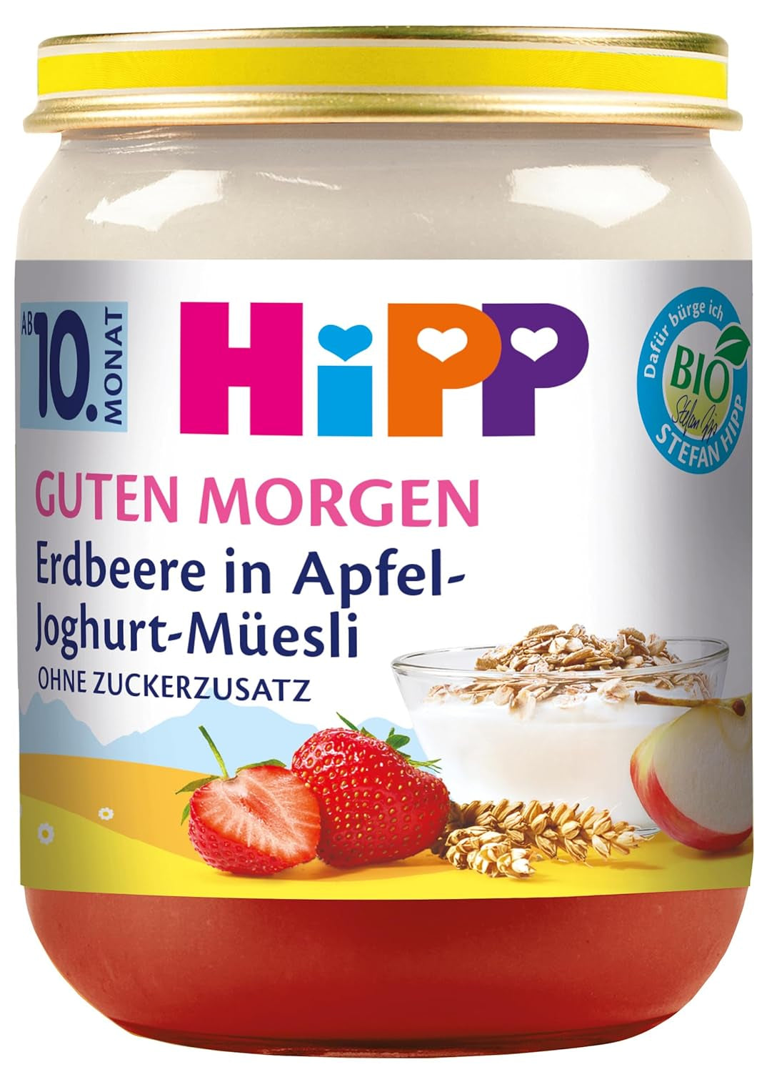 Müsli mit Joghurt und Äpfeln mit Erdbeeren HiPP Bio Guten Morgen (6 x 160g), ab 10 Monaten, ohne Zuckerzusatz, mit wertvollem Calcium, in bester Bio-Qualität