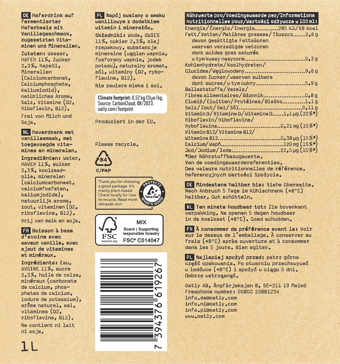 Oatly Haferdrink Vanille 1L (6er-Pack)