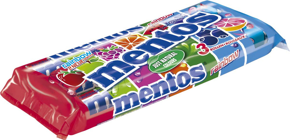 Mentos Fruchtdragees Orange Zitrone Erdbeere Kaubonbons mit Fruchtgeschmack (3 Rollen), vegan (3er Pack)