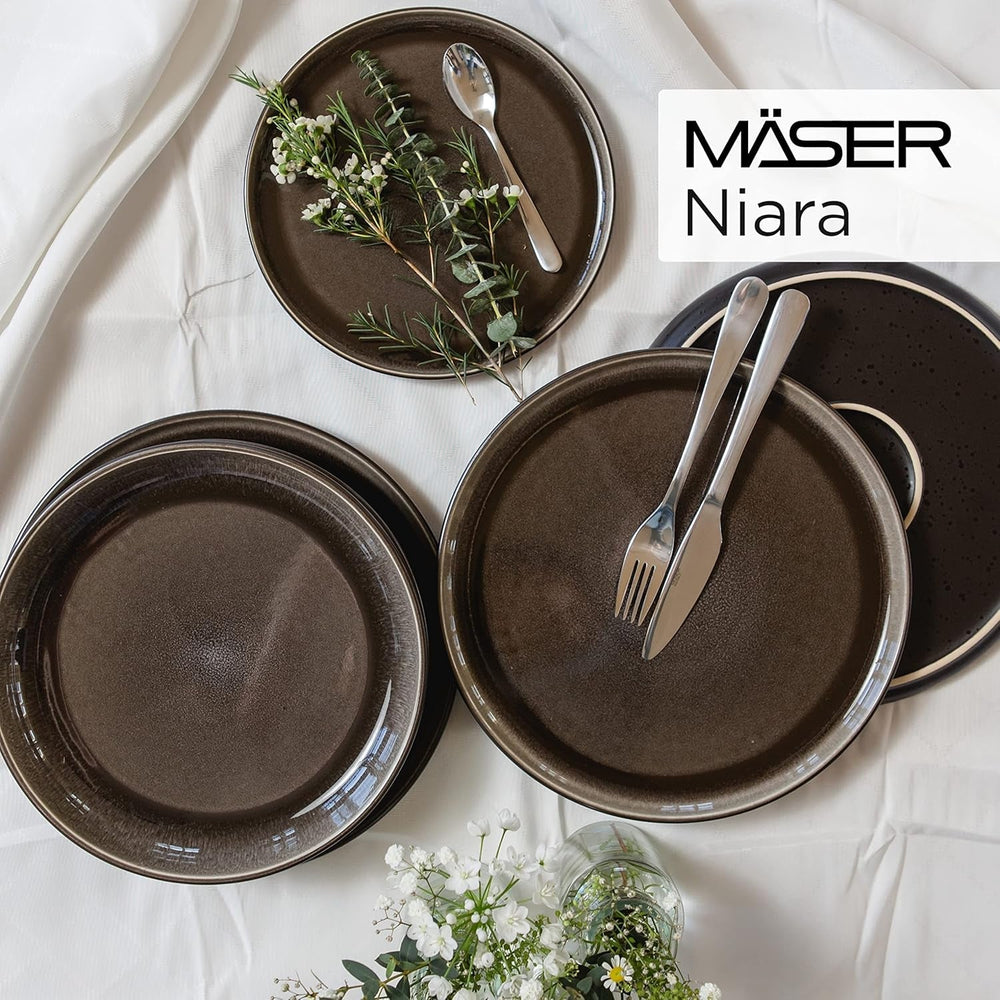 MÄSER 934020 Serie Niara, Modernes Geschirr Set Für 6 Personen in Aufregendem Vintage Look, 18-Teiliges Frühstücksgeschirr Service Aus Keramik in Grau Und Schwarz, Steinzeug Seturi vesela masa Naty Shop