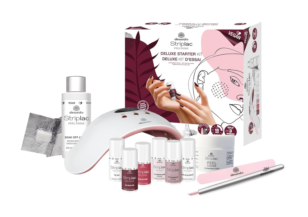 alessandro STRIPLAC PEEL OR SOAK DELUXE KIT – UV-Nagellack-Set – Für eine professionelle und zarte Maniküre in 15 Minuten – Vegan und tierversuchsfrei – Inklusive LED-Lampe
