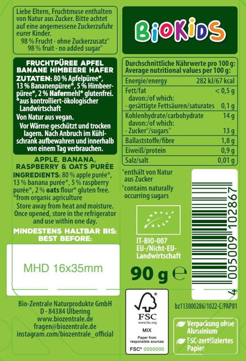 biocentral BioKids Fruchtpüree Apfel Banane Himbeere Hafer | 12 x 90g | Fruchtiger Snack ohne Zuckerzusatz | Vegan (2er Pack)
