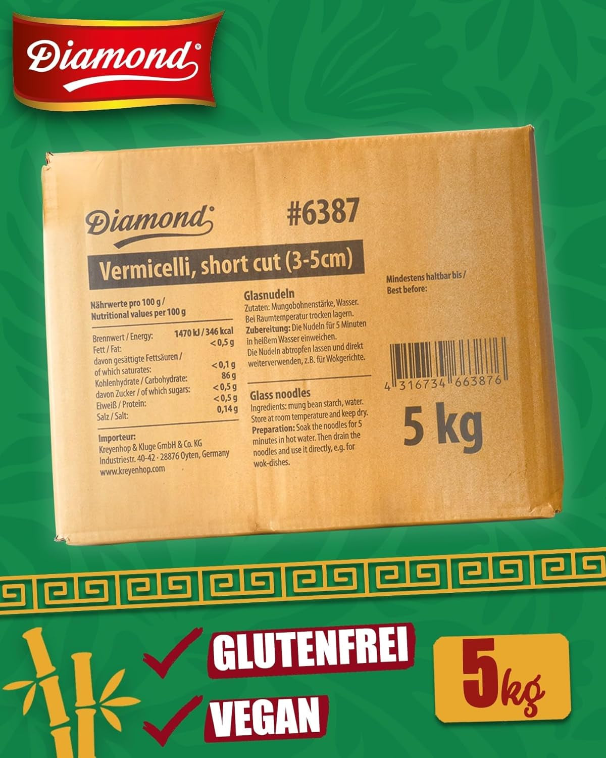 DIAMOND Glasnudeln, kurze Glasnudeln aus Mungobohnenstärke, natürlich vegan und glutenfrei – 1 x 5 kg